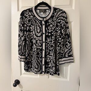 Bob Mackie Wearable Art Black, White and Beige Paisley Cardigan Medium